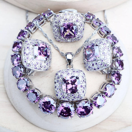 Purple Zirconia Women Bridal Jewelry Sets Silver 925