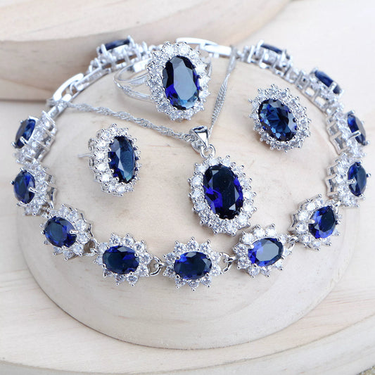 Silver 925 Women Bridal Jewelry Sets Blue Zirconia