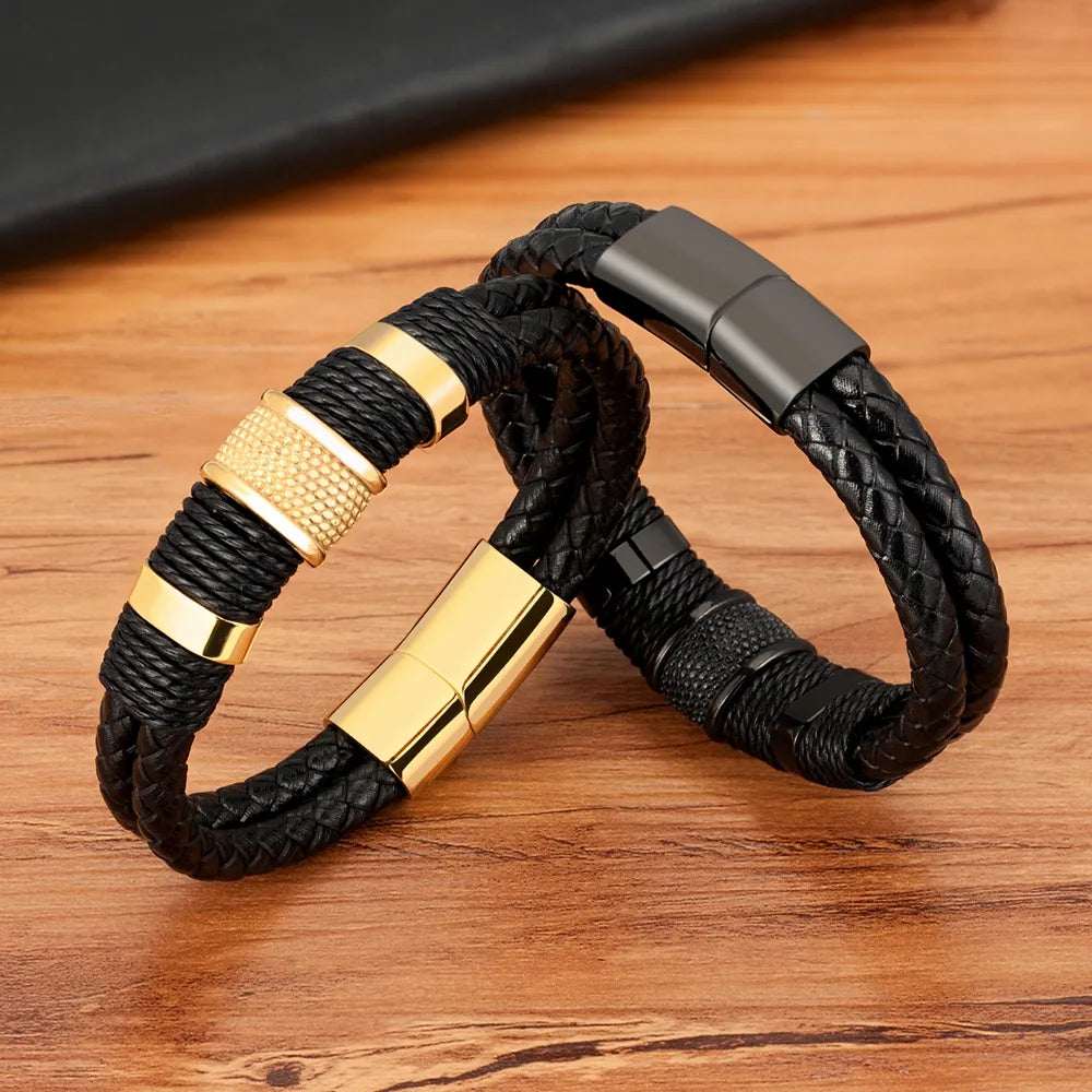 Woven Leather Rope Wrap Special Style Classic Stainless Steel Men's