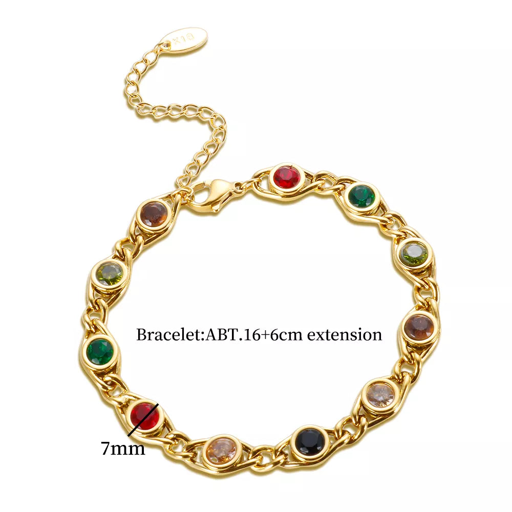 Trend Colorful Cubic Zirconia Panel Bracelet Necklace For Women Gold Color Stainless Steel