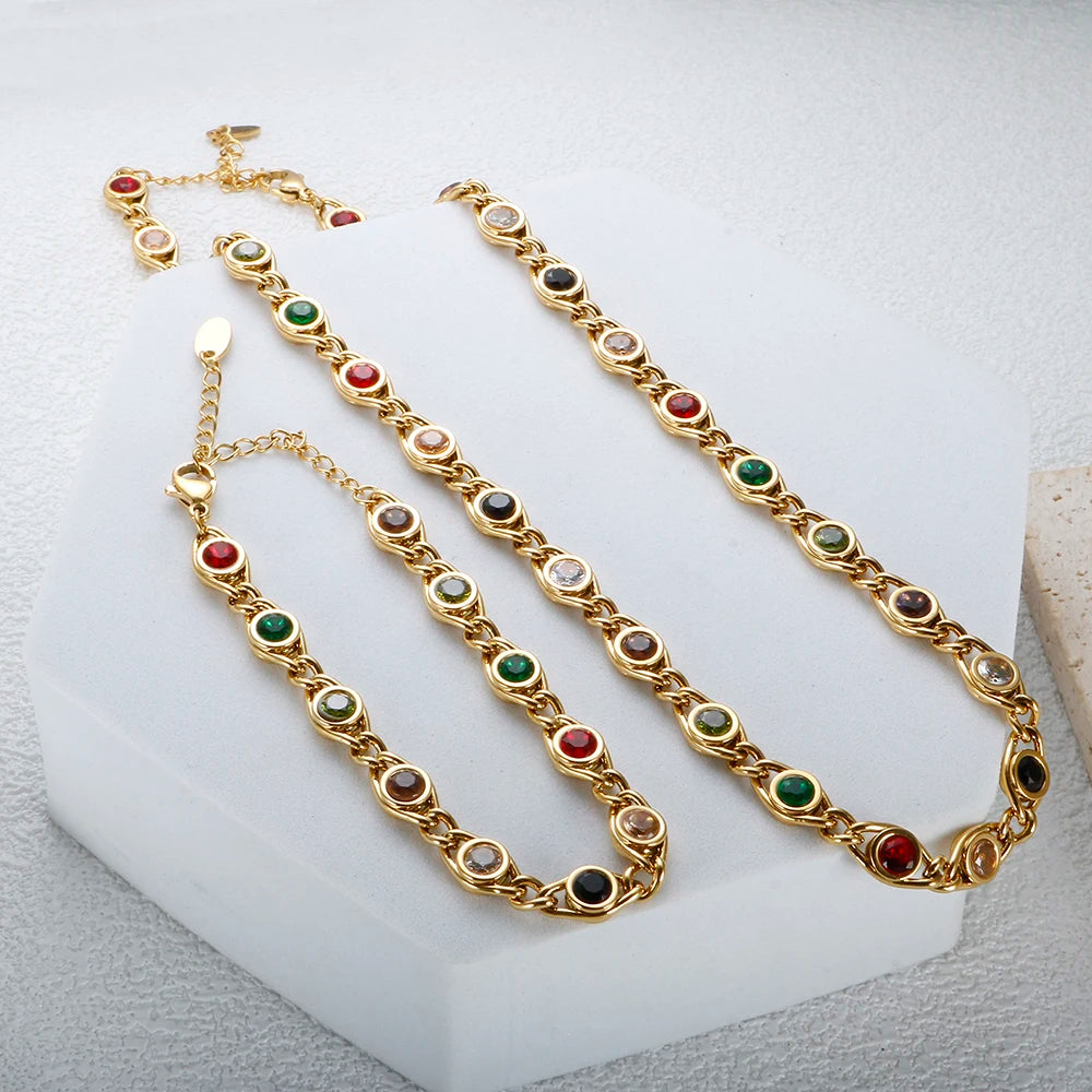 Trend Colorful Cubic Zirconia Panel Bracelet Necklace For Women Gold Color Stainless Steel